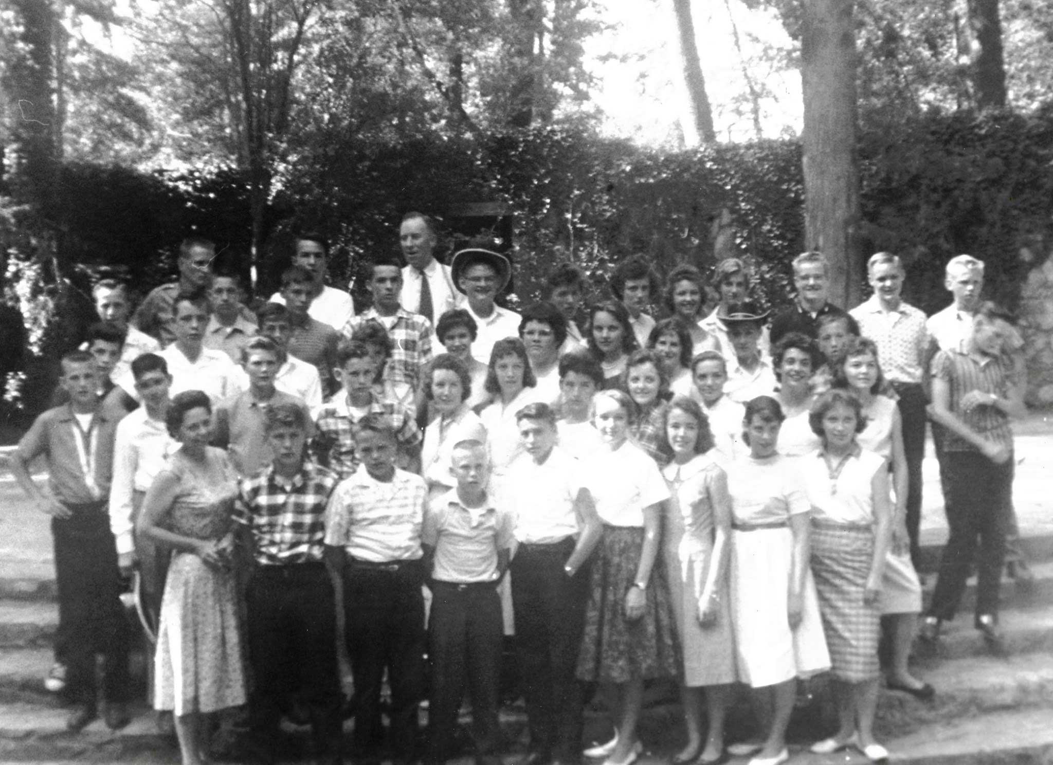 Eighth Grade class, Parkway Elementary School, 1960. I think we were on our way to Raleigh for our Eighth Grade Trip. We stayed overnight and came back through Chapel Hill to visit the Planetarium. We med Thad Eure in Raleigh. He spoke with us. He was Secretary of State then and wore a bow tie. I think this photo belongs to Linda Tugman. Beatrice Wellborn is in front row; 6th from left. Photo courtesy of Beatrice Wellborn, Stony Fork Community.