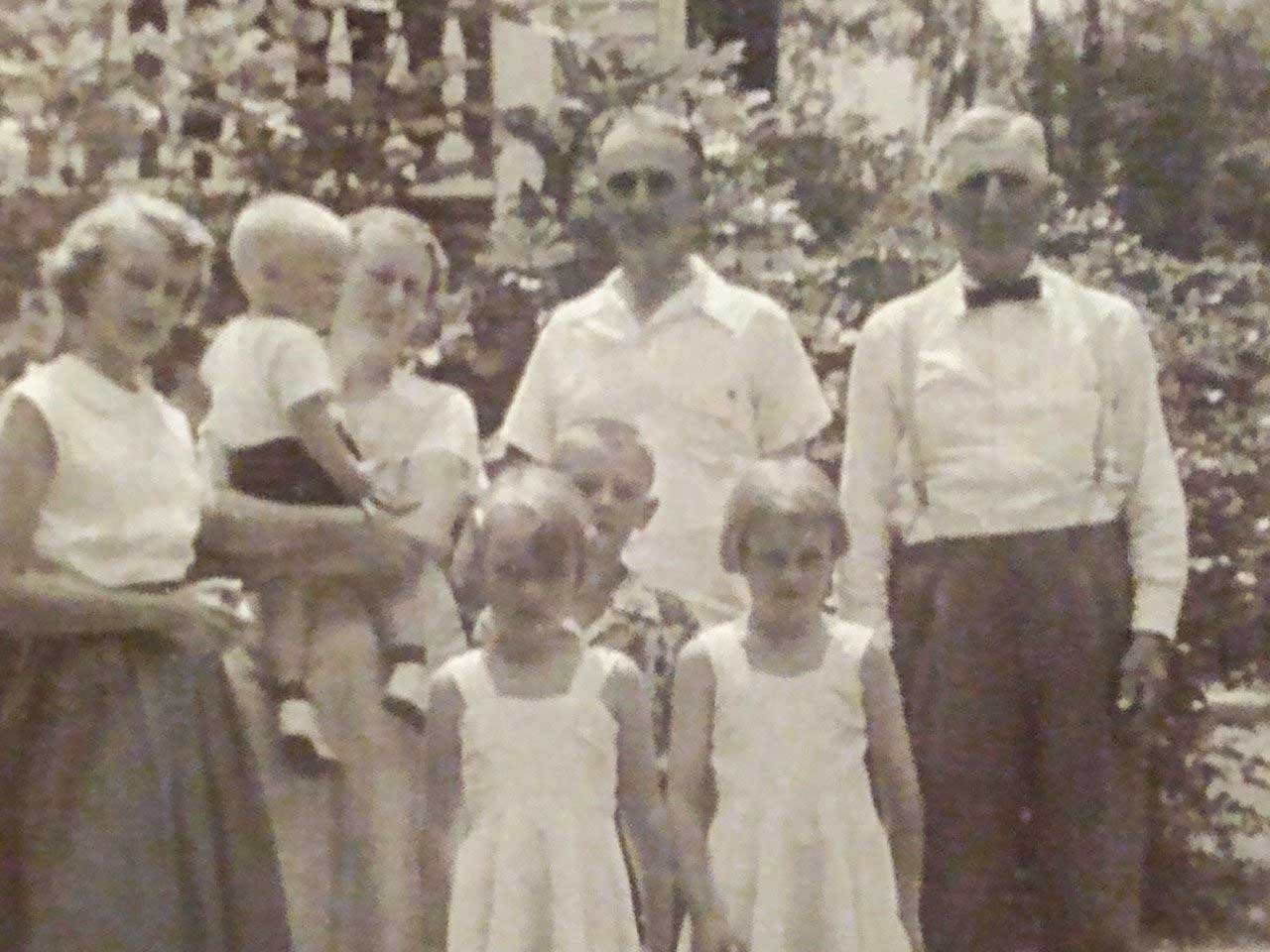 Rebecca Wellborn, Mary Wellborn holding Danny Wellborn, Hayes Wellborn, Ben Wellborn, grandfather. Children in front: Bea, Benny, Betsy Wellborn. c. 1952. Photo courtesy of Beatrice Wellborn, Stony Fork Community.